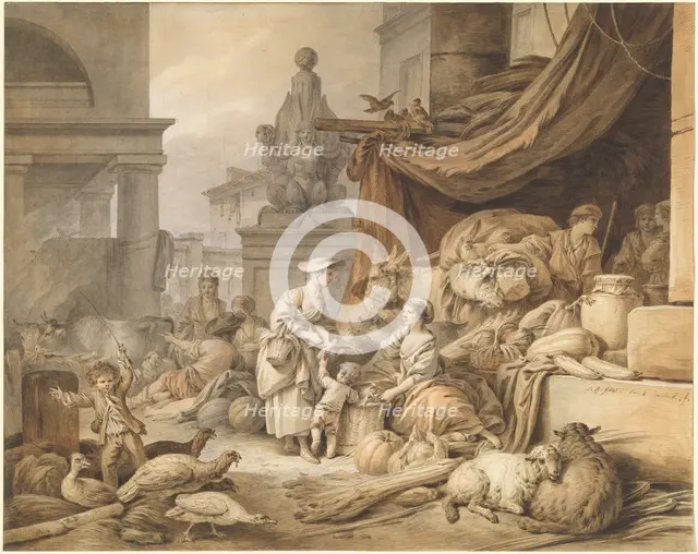 Market Scene with a Fantastic Sculpture, 1797/1798. Creator: Jean Baptiste Marie Huet.