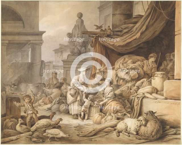 Market Scene with a Fantastic Sculpture, 1797/1798. Creator: Jean Baptiste Marie Huet.