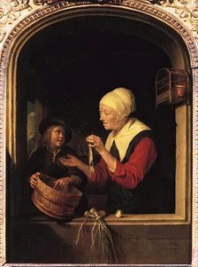 Market Woman with a Boy and Herring in a Window, 1665. Creator: Gerrit Dou