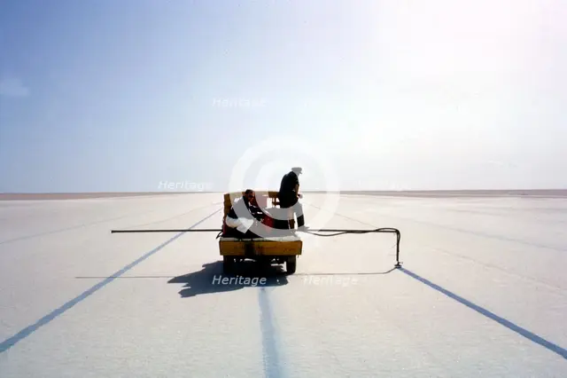 Marking the course for Bluebird CN7's World Land Speed record attempt, Lake Eyre, Australia, 1964. Creator: Unknown.