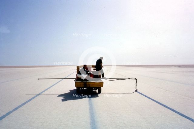 Marking the course for Bluebird CN7's World Land Speed record attempt, Lake Eyre, Australia, 1964. Creator: Unknown.