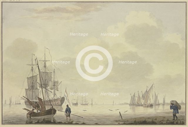 Marine, on the right a man carrying a sack, 18th century. Creator: Cornelis de Grient.