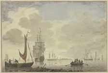 Marine, on the right a rowboat with five figures, 18th century. Creator: Cornelis de Grient