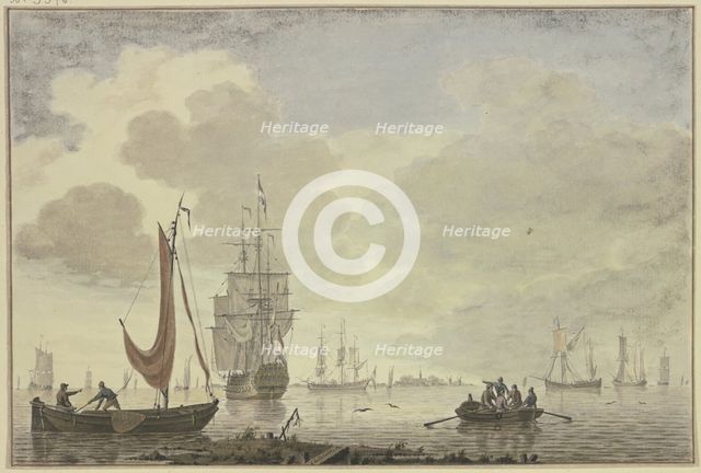 Marine, on the right a rowboat with five figures, 18th century. Creator: Cornelis de Grient.