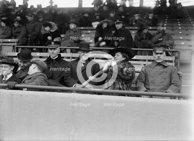 Marine Corps, U.S.N. Machine Gun Unit Demonstration at Ball Park - Daniels And Gen. Barnett, 1917. Creator: Harris & Ewing.