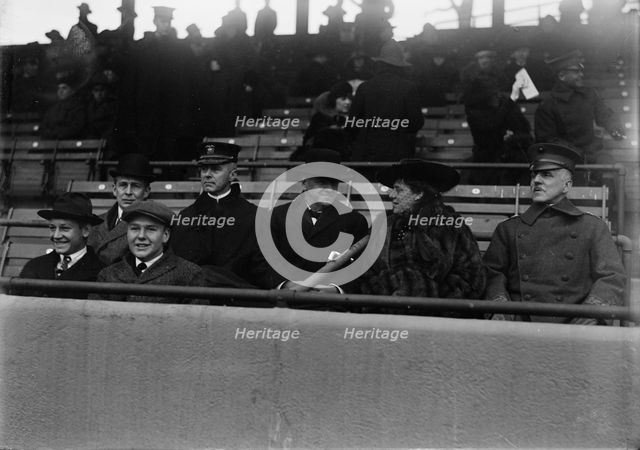 Marine Corps, U.S.N. Machine Gun Unit Demonstration at Ball Park - Daniels And Gen. Barnett, 1917. Creator: Harris & Ewing.