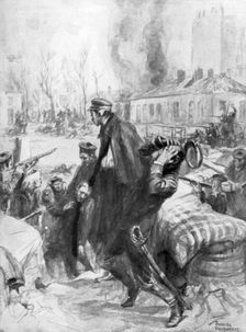 Marine fusiliers involved in a street battle in Diksmuide Flanders, Belgium, 1914 (1926).Artist: Charles Fouqueray