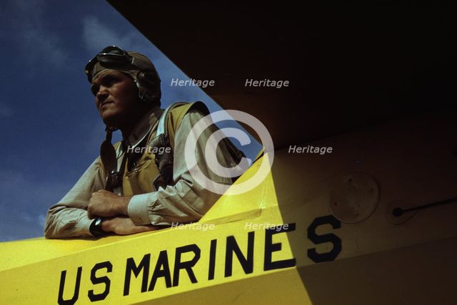 Marine glider pilot in training at Page Field, watching take-offs, Parris Island, S.C., 1942. Creator: Alfred T Palmer.