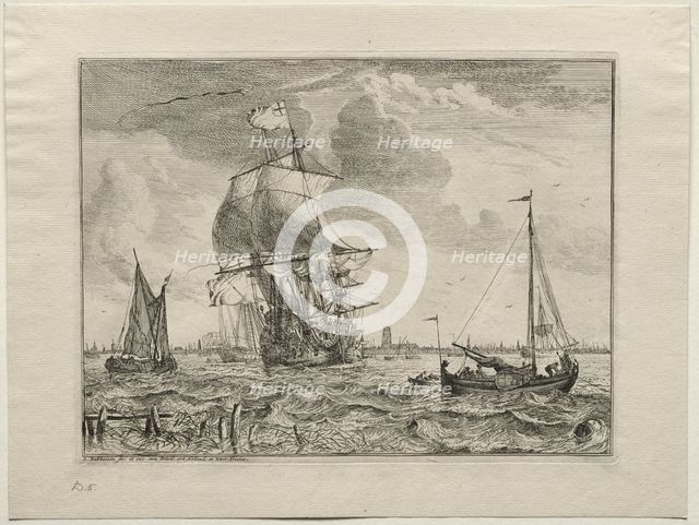 Marine Scene with Amsterdam in the Distance, 1701. Creator: Ludolf Backhuysen (Dutch, 1631-1708); Ludolf Backhuysen (Dutch, 1631-1708).