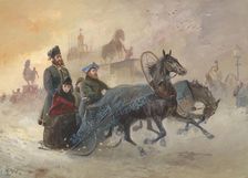 Maria Feodorovna, Empress of Russia, driving in a sleigh at St Petersburg in snow , 1889. Creator: Beer, John Axel Richard (1853-1906)