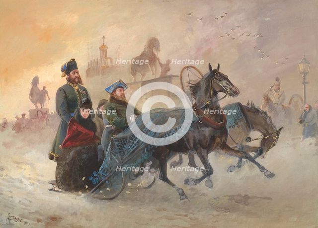 Maria Feodorovna, Empress of Russia, driving in a sleigh at St Petersburg in snow , 1889. Creator: Beer, John Axel Richard (1853-1906).