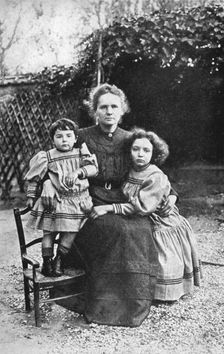 Marie Curie, Polish-born French physicist, with her daughters Eve and Irene, 1908