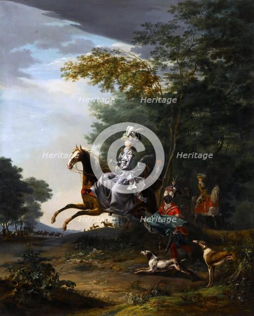 Marie-Antoinette (1755-1793) Hunting with Dogs. Artist: Brun de Versoix, Louis-Auguste (1758-1815)