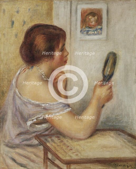Marie Dupuis tenant un miroir avec un portrait de Coco. Artist: Renoir, Pierre Auguste (1841-1919)