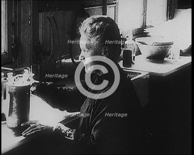 Marie Sklodowska Curie, the Famous Physicist and Chemist, in Her Laboratory, 1920. Creator: British Pathe Ltd.