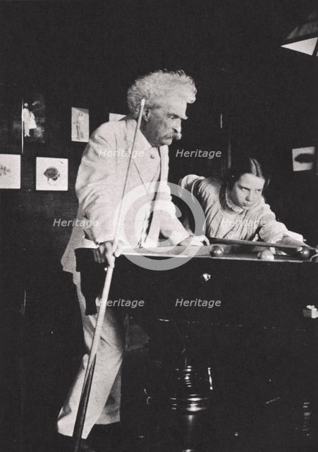 Mark Twain, American author, playing pool, c1900s(?). Creator: Unknown.