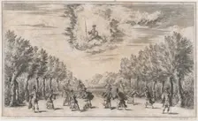 Marsh of Triton; figures battling as Minerva looks on from above; set design from Il Pomo..., 1668. Creator: Mathäus Küsel