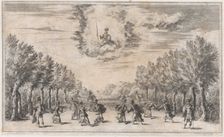 Marsh of Triton; figures battling as Minerva looks on from above; set design from Il Pomo..., 1668. Creator: Mathäus Küsel
