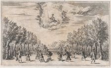 Marsh of Triton; figures battling as Minerva looks on from above; set design from Il Pomo..., 1668. Creator: Mathäus Küsel