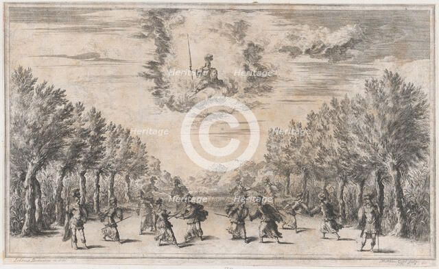 Marsh of Triton; figures battling as Minerva looks on from above; set design from 'Il Pomo..., 1668. Creator: Mathäus Küsel.