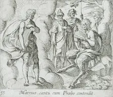 Marsyas Playing the Pipes Before Apollo, published 1606. Creators: Antonio Tempesta, Wilhelm Janson