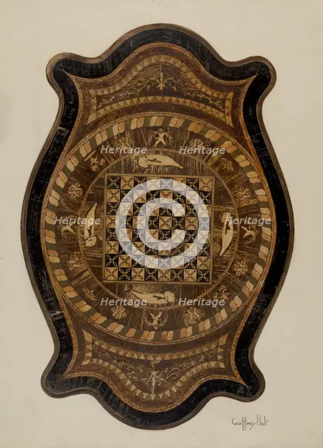 Marquetry Table: Showing Inlay Top, 1937. Creator: Geoffrey Holt.