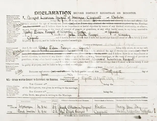 Marriage Certificate of Bernard Laurence 'Barney' Nugent and Gladys Eileen Purnell, 5 July 1924. Creator: Murphy.