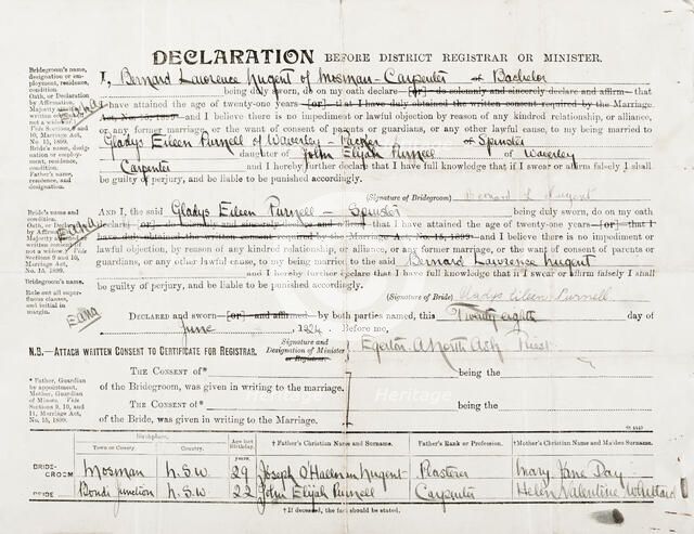 Marriage Certificate of Bernard Laurence 'Barney' Nugent and Gladys Eileen Purnell, 5 July 1924. Creator: Murphy.