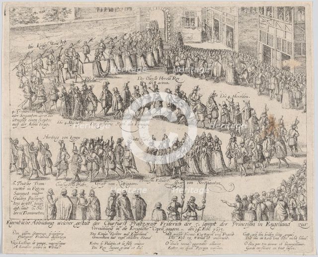 Marriage procession for the wedding of Elizabeth Stuart, daughter of James I, and..., 1613 or after. Creator: Possibly by Abraham Hogenberg.