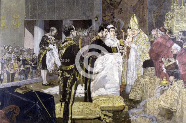 Marriage with Maria Mercedes of Orleans and Bourbon', Alfonso XII, King of Spain (1857-1885), eng…