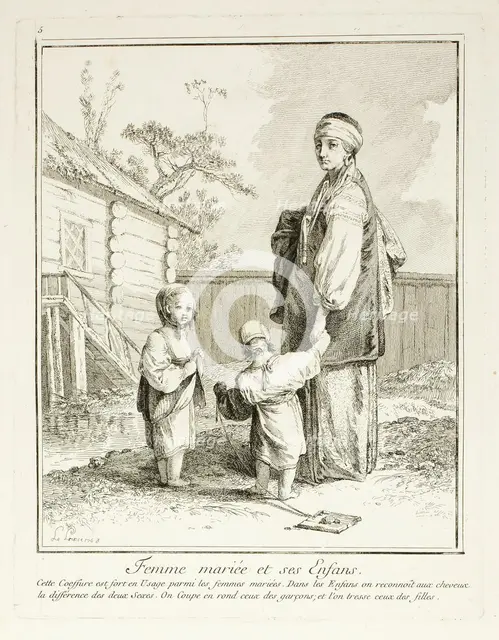 Married Woman and her Children, plate five from Divers Habillements des Peuples du Nord, 1765. Creator: Jean Baptiste Le Prince.