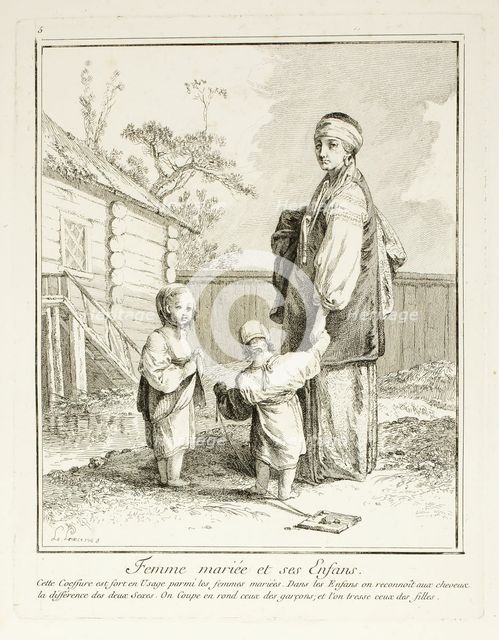 Married Woman and her Children, plate five from Divers Habillements des Peuples du Nord, 1765. Creator: Jean Baptiste Le Prince.