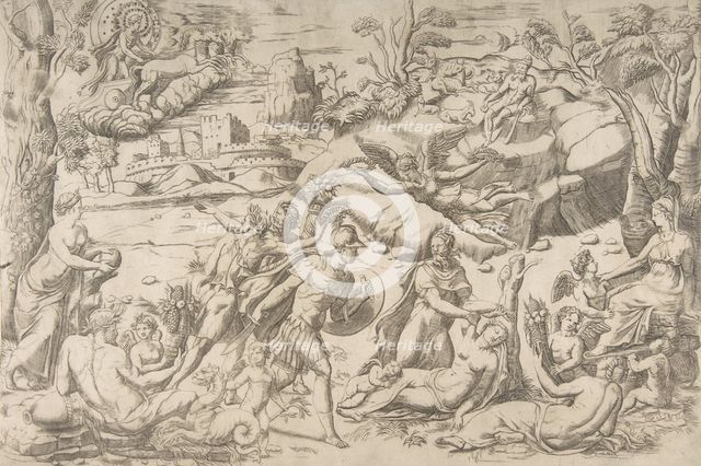 Mars and Rhea Silvia: in the centre Mars holds a shield and sword, Rhea Silvia sleep..., ca 1531-76. Creator: Giulio Bonasone.