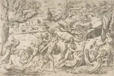 Mars and Rhea Silvia: in the centre Mars holds a shield and sword, Rhea Silvia sleep..., ca 1531-76. Creator: Giulio Bonasone