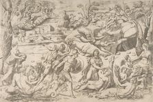 Mars and Rhea Silvia: in the centre Mars holds a shield and sword, Rhea Silvia sleep..., ca 1531-76. Creator: Giulio Bonasone