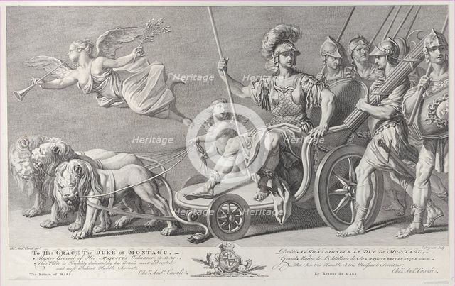 Mars on a chariot drawn by three lions, 1749. Creator: Charles Grignion.