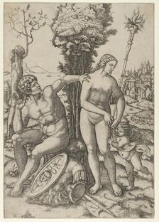Mars seated at the left, his left hand on Venus's shoulder, cupid beside her at the right,..., 1508. Creator: Marcantonio Raimondi