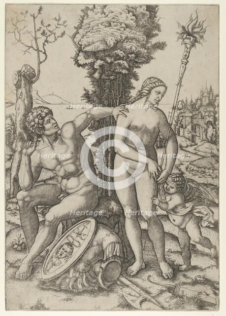 Mars seated at the left, his left hand on Venus's shoulder, cupid beside her at the right,..., 1508. Creator: Marcantonio Raimondi.