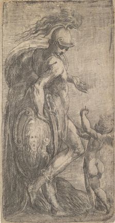 Mars standing at the left leaning on a shield, Cupid at the right, ca. 1542-46. Creator: Andrea Schiavone