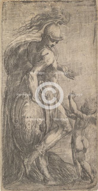 Mars standing at the left leaning on a shield, Cupid at the right, ca. 1542-46. Creator: Andrea Schiavone.