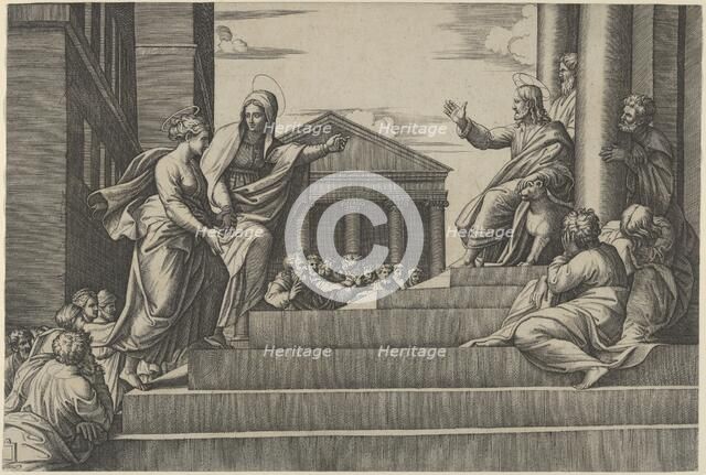 Martha leading Mary Magdalene up a flight of stairs to Christ who is seated at righ..., ca. 1530-60. Creator: Marcantonio Raimondi.