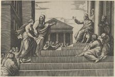 Martha leading Mary Magdalene up a flight of stairs to Christ who is seated at righ..., ca. 1530-60. Creator: Marcantonio Raimondi