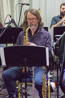 Martin Hathaway, Stan Sulzmann’s Neon Orchestra, Watermill Jazz Club, Dorking, Surrey, Nov 2023. Creator: Brian O'Connor