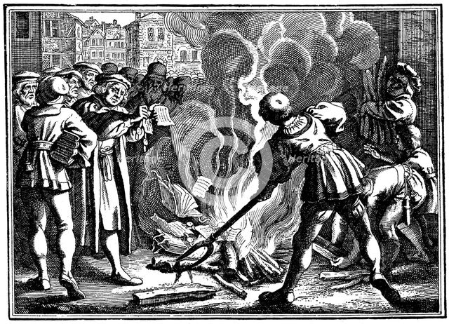 Martin Luther burning the Papal Bull, 1520. Artist: Unknown