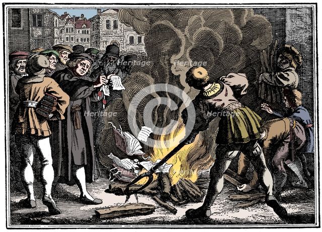 Martin Luther burning the Papal Bull, 1520. Artist: Unknown.