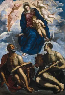 Mary with the Child, Venerated by Saint Mark and Saint Luke, before 1570. Artist: Tintoretto, Jacopo (1518-1594)
