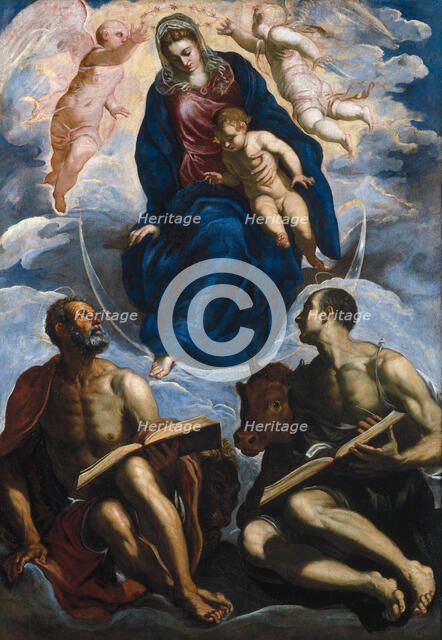 Mary with the Child, Venerated by Saint Mark and Saint Luke, before 1570. Artist: Tintoretto, Jacopo (1518-1594)