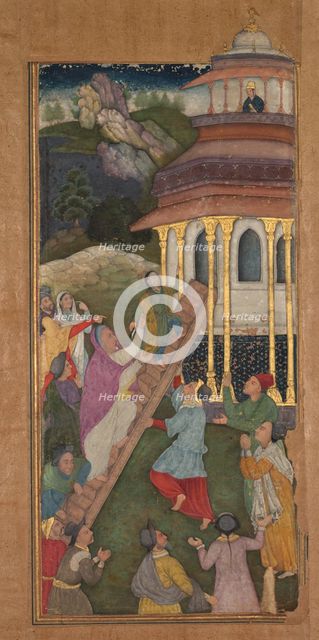 Mary ascends the stairs to the temple, from a Mir’at al-quds (Mirror of Holiness)..., 1602-1604. Creator: Unknown.