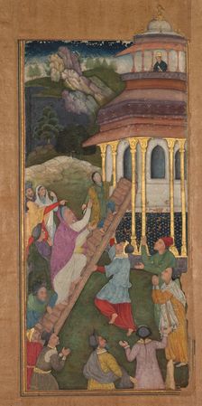 Mary ascends the stairs to the temple, from a Mir’at al-quds (Mirror of Holiness)..., 1602-1604. Creator: Unknown