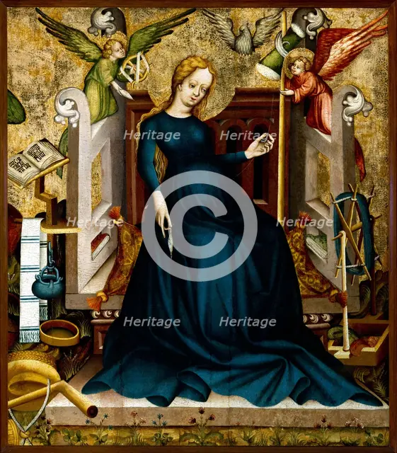 Mary at the Spinning Wheel from Güssing , c.1410. Creator: Anonymous.